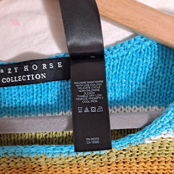 Crazy Horse Shirt Women XL Striped Colorful Artsy Open Knit Rainbow Stretchy - Picture 4 of 8